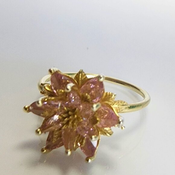 Gold-plated Sterling Silver Lotus Flower Pink Quartz US SZ 7 - Picture 7 of 8